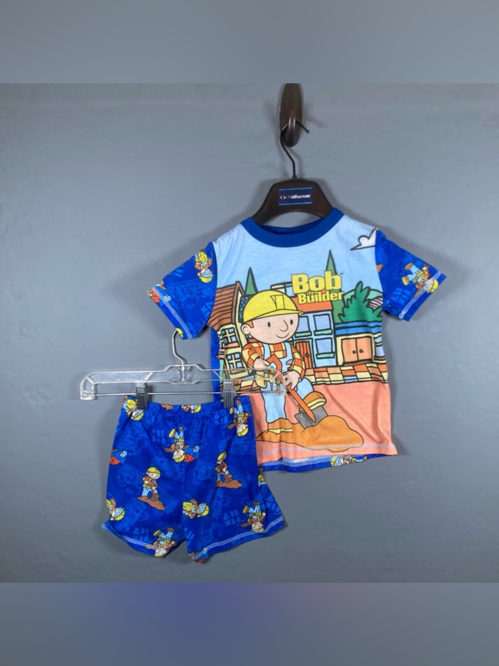 Vintage 2004 Bob the Builder Pajama Set Size 6 Kids Blue T-Shirt and Shorts
